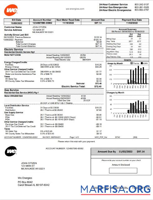 Printable USA Wisconsin We Energies electricity utility bill template in Word and PDF format